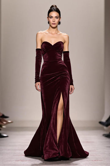 Dark Red Sweetheart Long Velvet Formal Dress with Slit